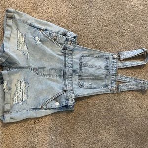 Distressed jean short overalls